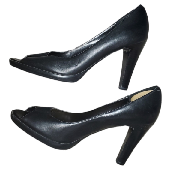 Black Leather Open Toe Heels - Picture 7 of 10